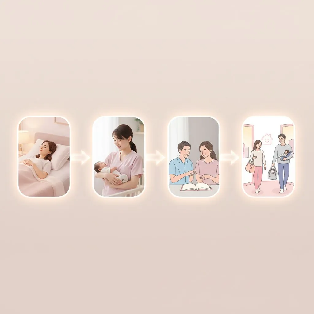 A serene mother holding a newborn baby in a bright, modern room, symbolizing postpartum recovery and care.