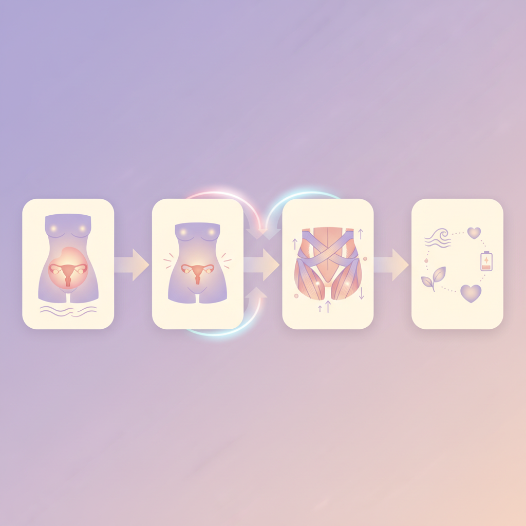 A mother gently touching her tummy with a baby in her arms, looking thoughtful and slightly tired.