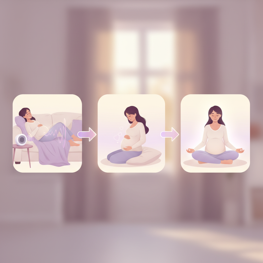 A pregnant couple smiling and talking to the baby bump, with a portable speaker playing soft music nearby.