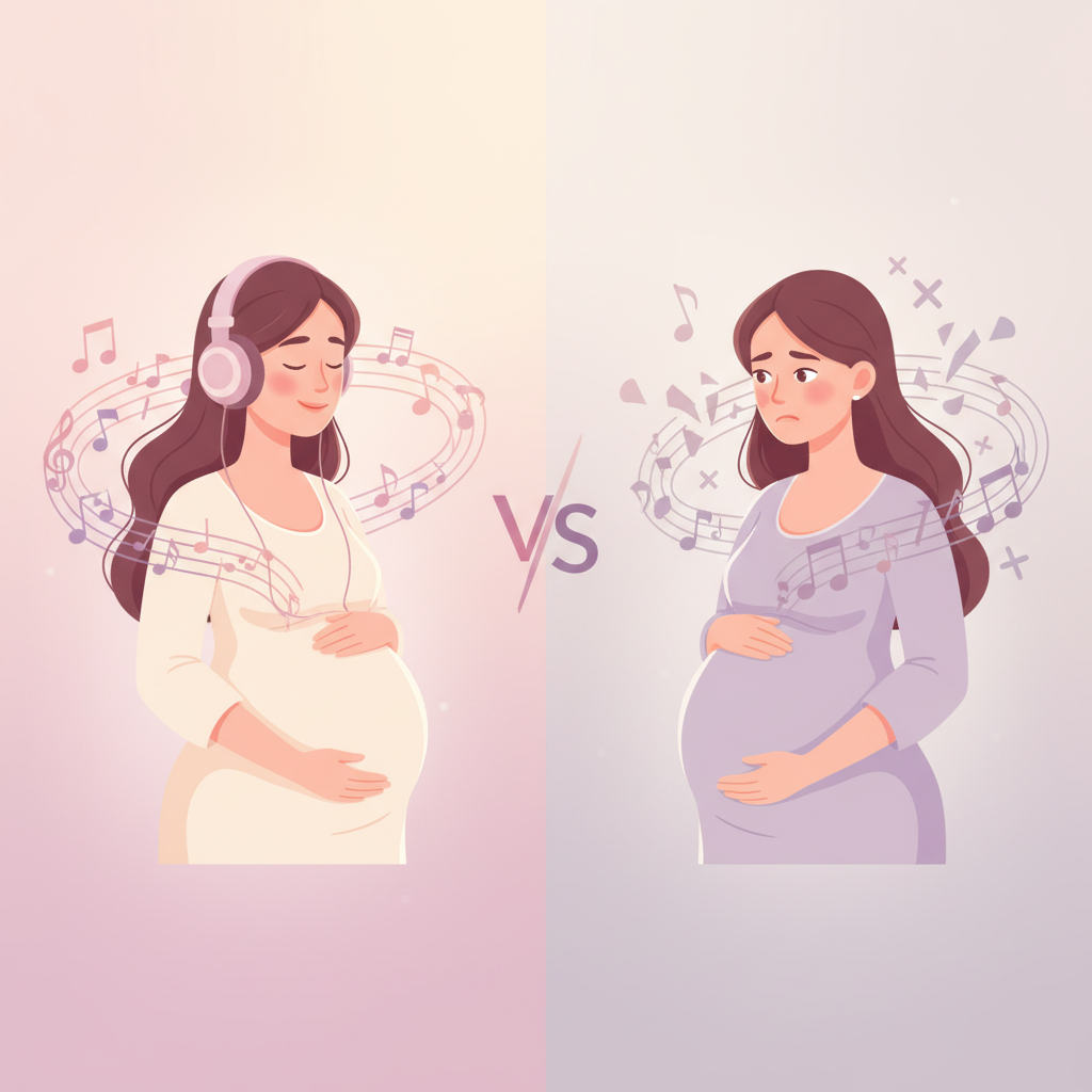 A visually striking infographic or diagram illustrating safe sound levels for prenatal music and showing the difference between direct application and ambient listening.