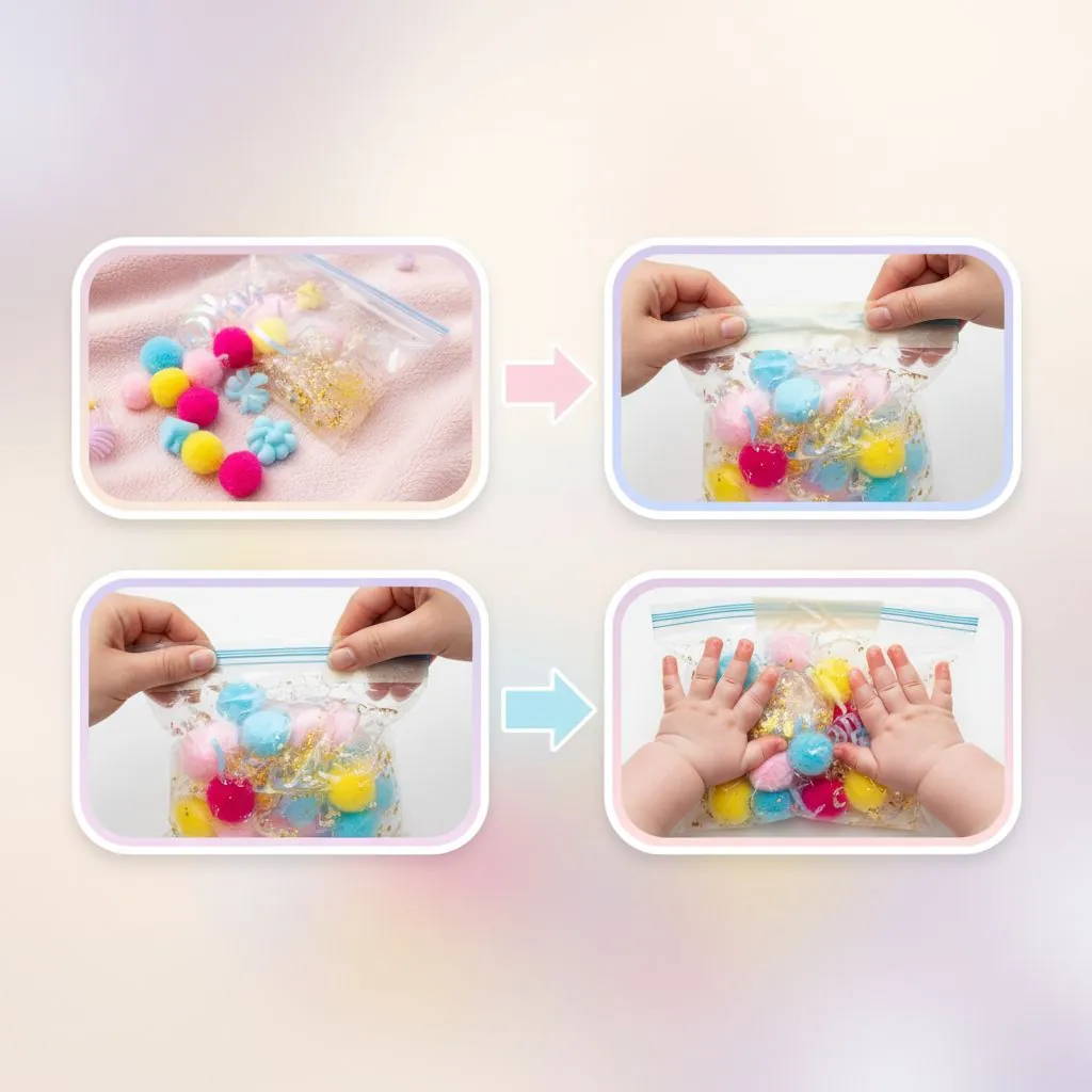 A parent and baby interacting with a homemade colorful sensory bottle