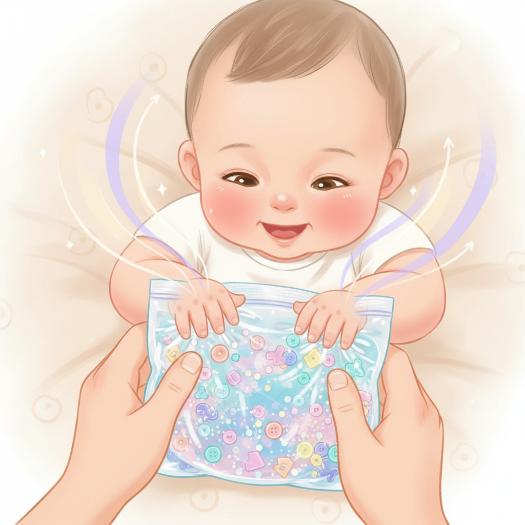 A smiling baby playing with colorful blocks, with a parent gently guiding