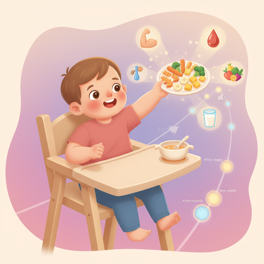 a happy toddler eating a small meal at a high chair, with colorful, age-appropriate food