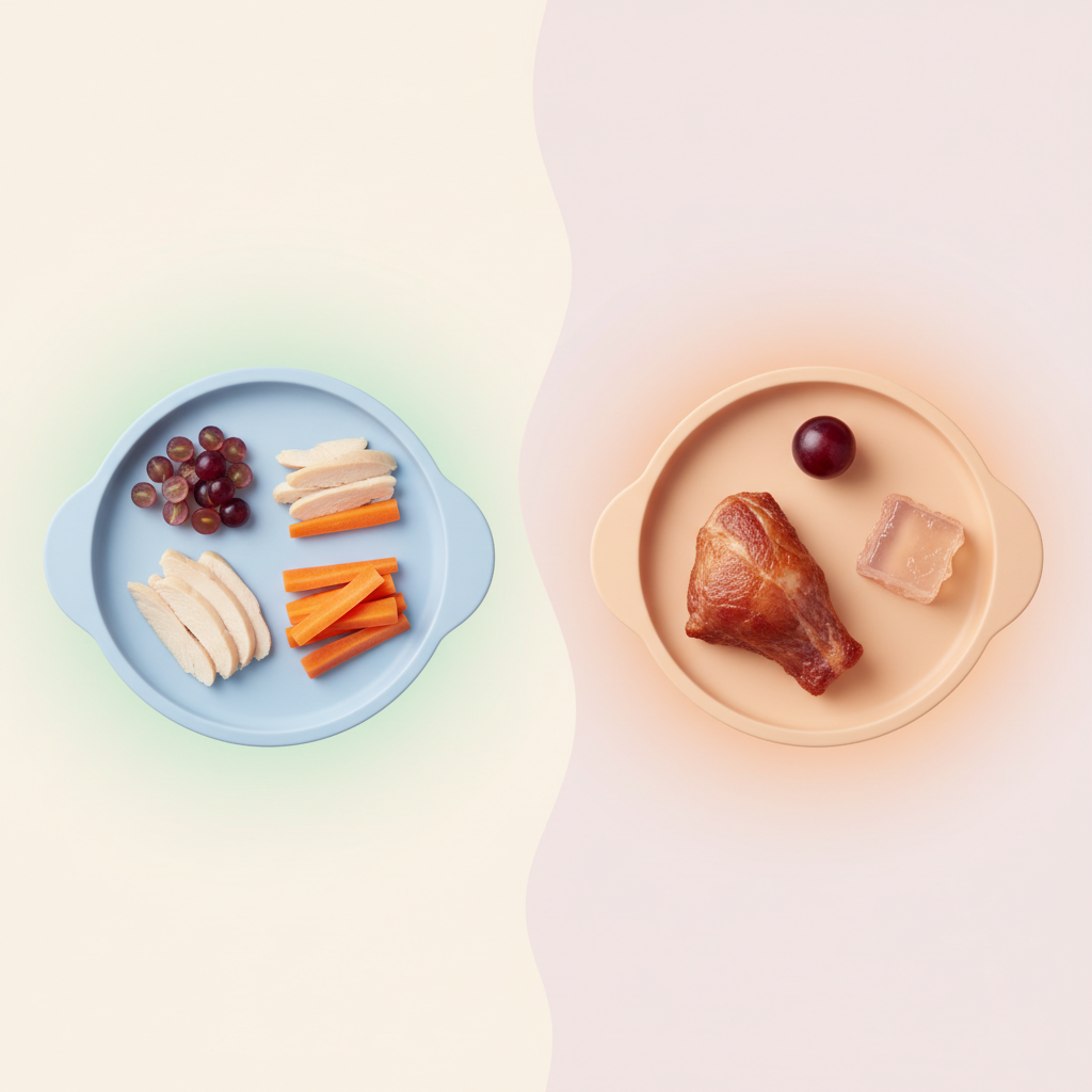 a parent and child happily cooking together in a clean kitchen, preparing toddler food