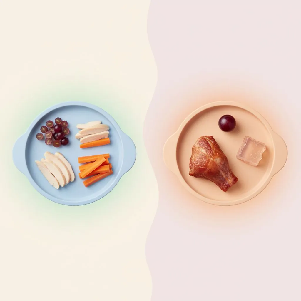 a parent and child happily cooking together in a clean kitchen, preparing toddler food