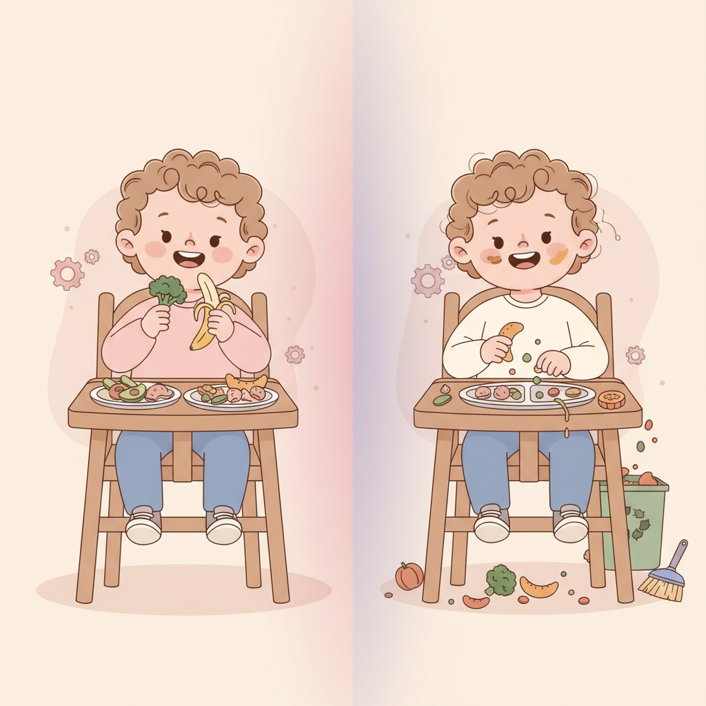 a close-up of a child's hand reaching for a piece of fruit on a healthy, colorful plate