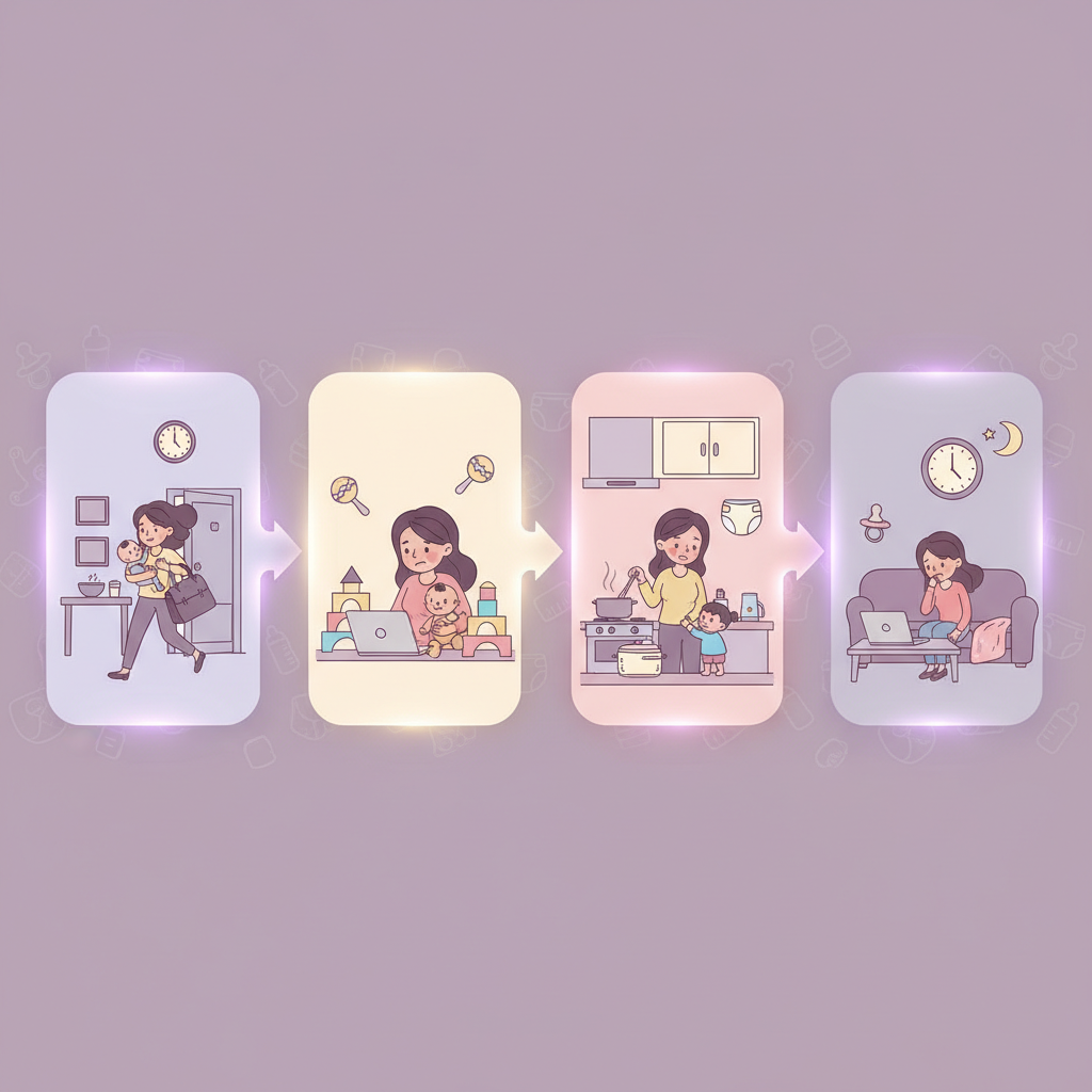 A frustrated working mother juggling a laptop, a crying baby, and a grocery bag, looking overwhelmed in a modern home setting.