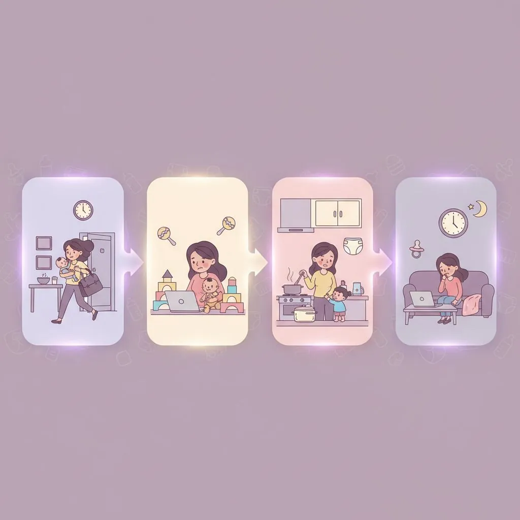 A frustrated working mother juggling a laptop, a crying baby, and a grocery bag, looking overwhelmed in a modern home setting.