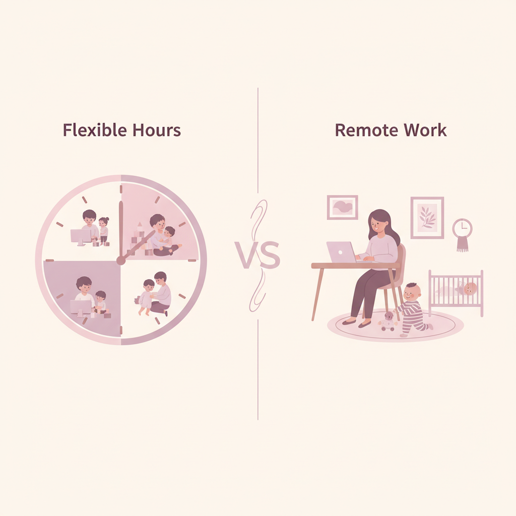 A meticulously organized desk calendar with color-coded tasks, a smartwatch displaying a schedule, and a happy working mother interacting with her child in the background.