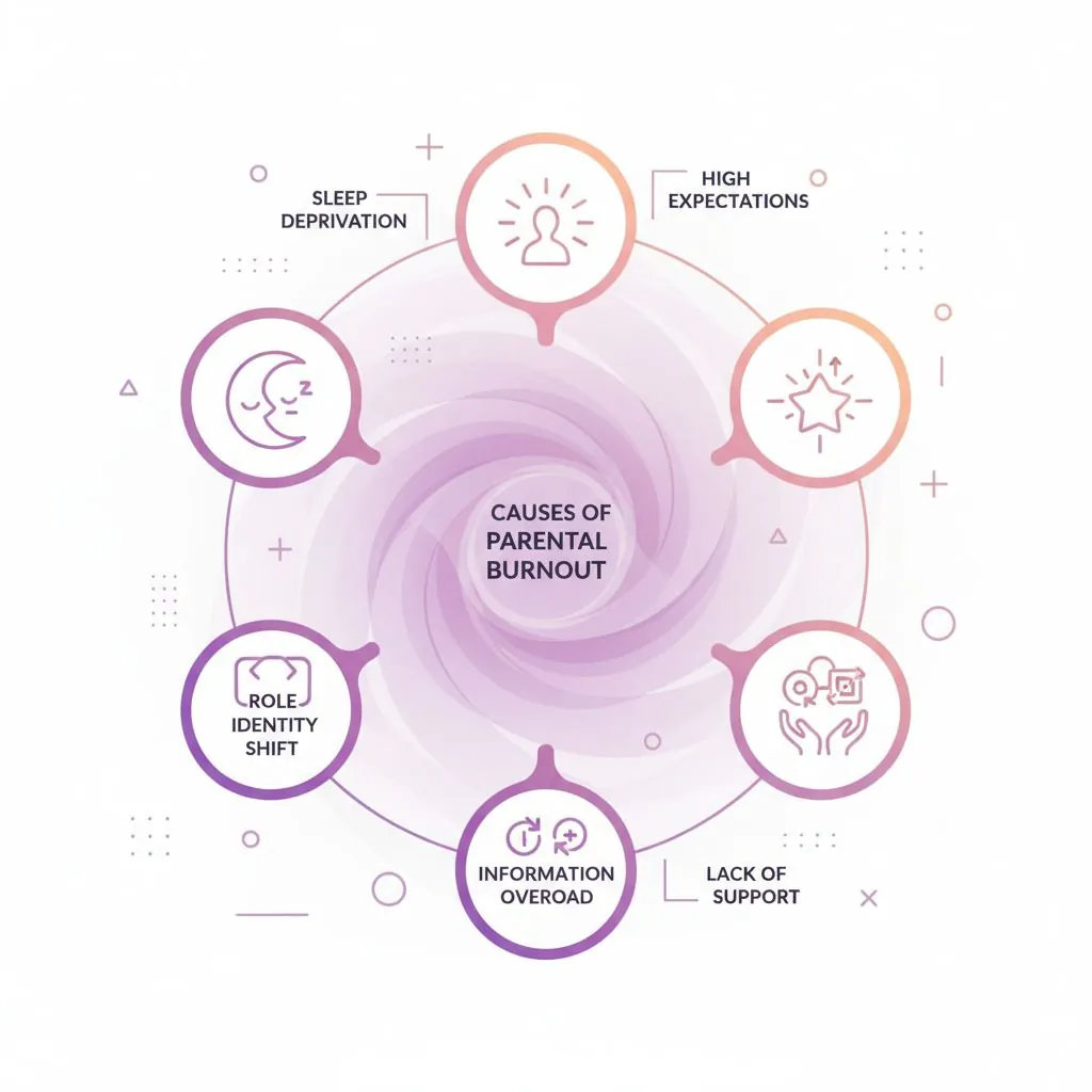 A diagram illustrating various factors contributing to parental burnout, such as sleep deprivation, social isolation, and financial stress.